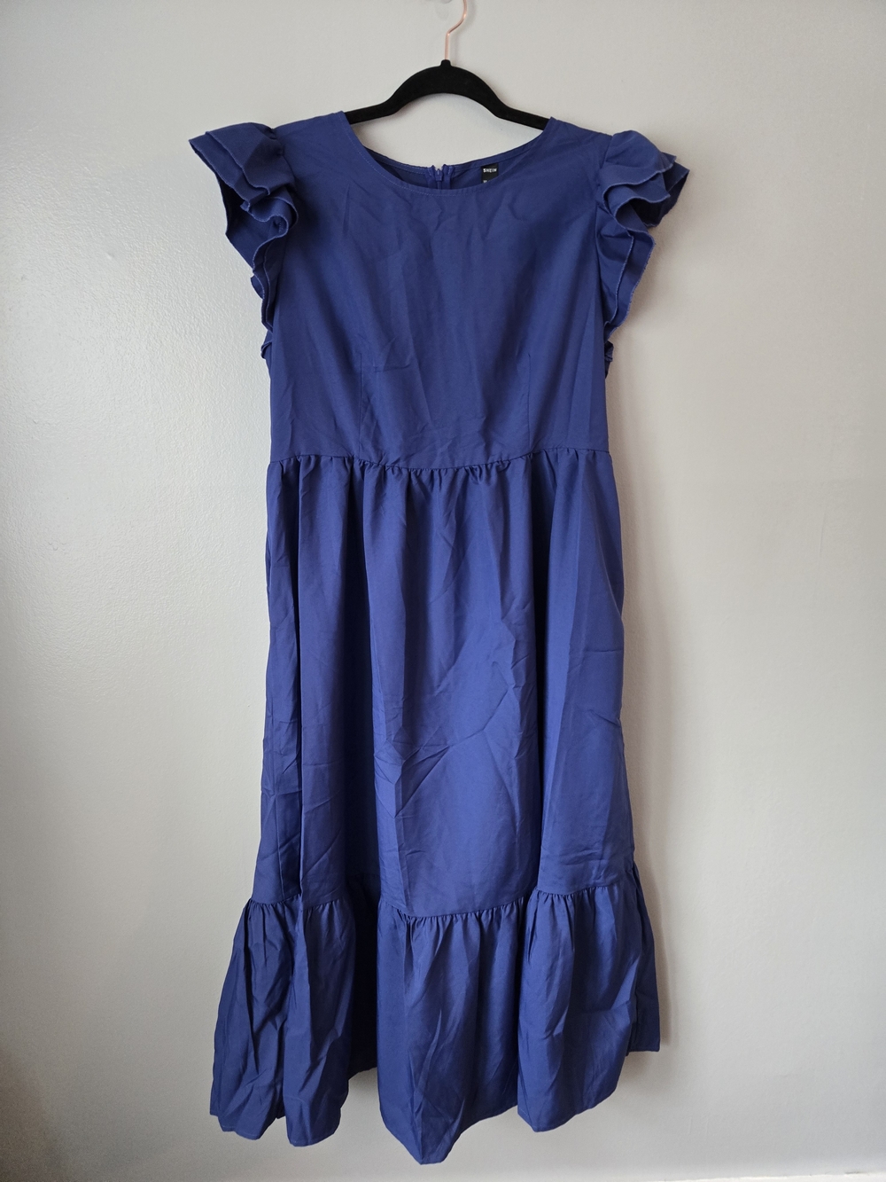 SHEIN Blue Flutter Ruffle Sleeve Midi Dress Tiered Babydoll Cotton Blend Zip XL